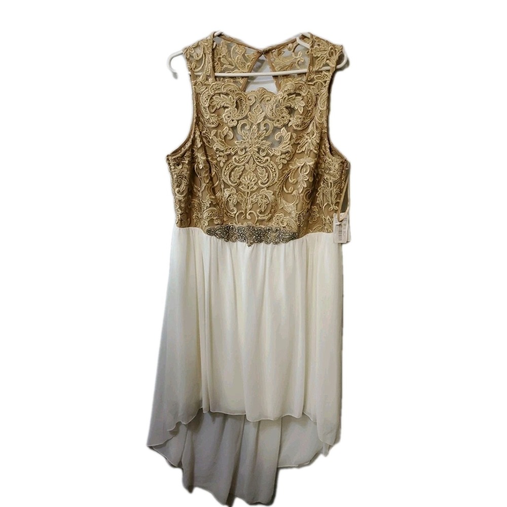 Jodi Kristopher Sz 20/21 Lace Over Nude Fitted Bodice Hi Lo Dress Rhinestone NWT